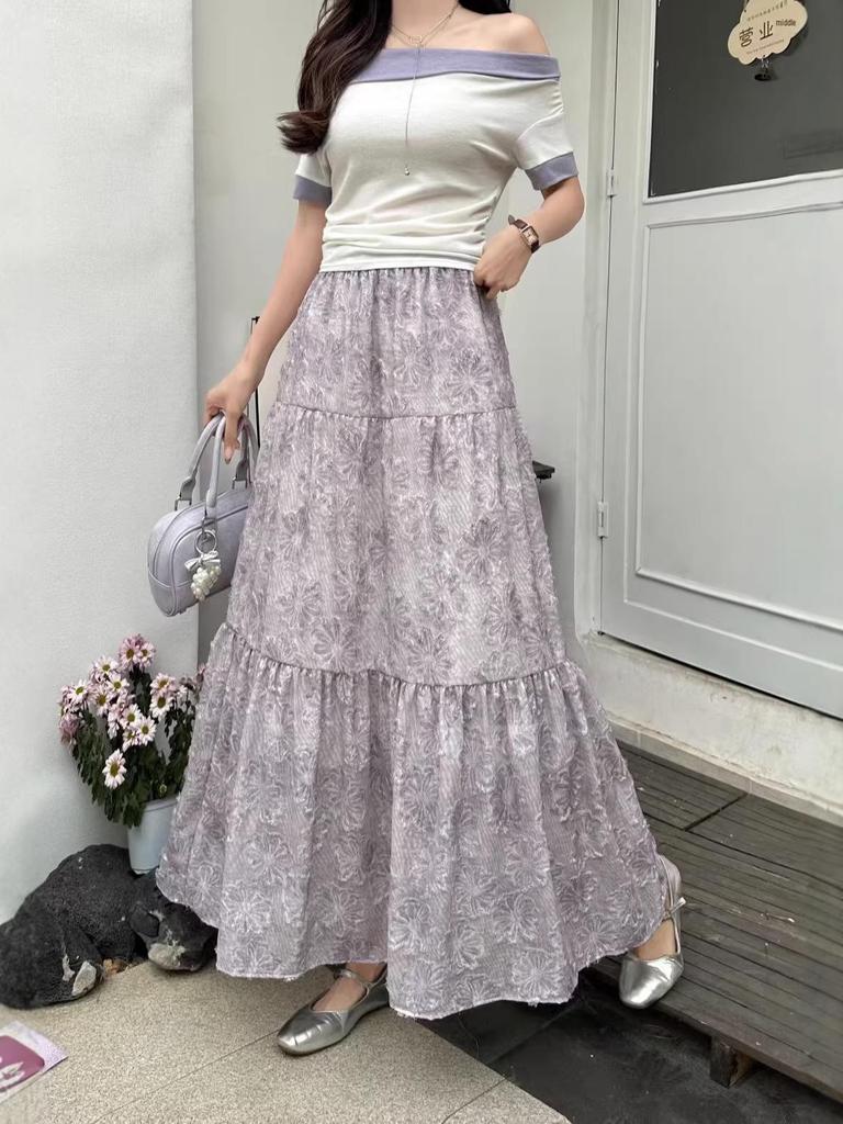 Women's Spring Floral Print Midi Skirt, A-line, Elastic Waist, Versatile, Slimming Design