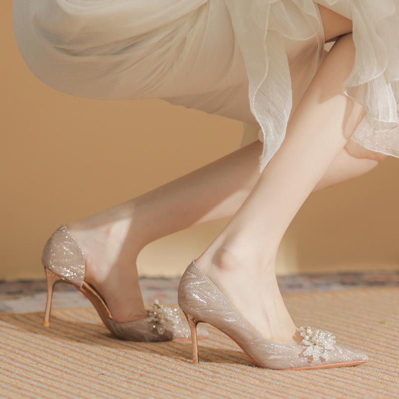 8335-2 High heels women's stiletto winter 2025 new French crystal wedding shoes pointed side empty bridal shoes