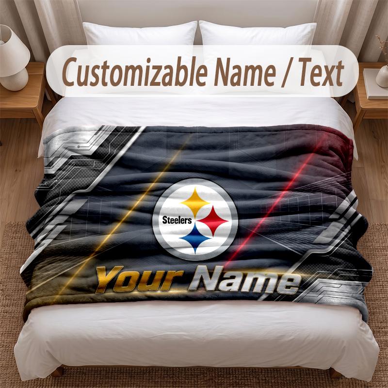 Pittsburgh Steelers Printed Flannel Blanket Custom Name Text Soft Warm Throw For Bedroom Holiday Gift