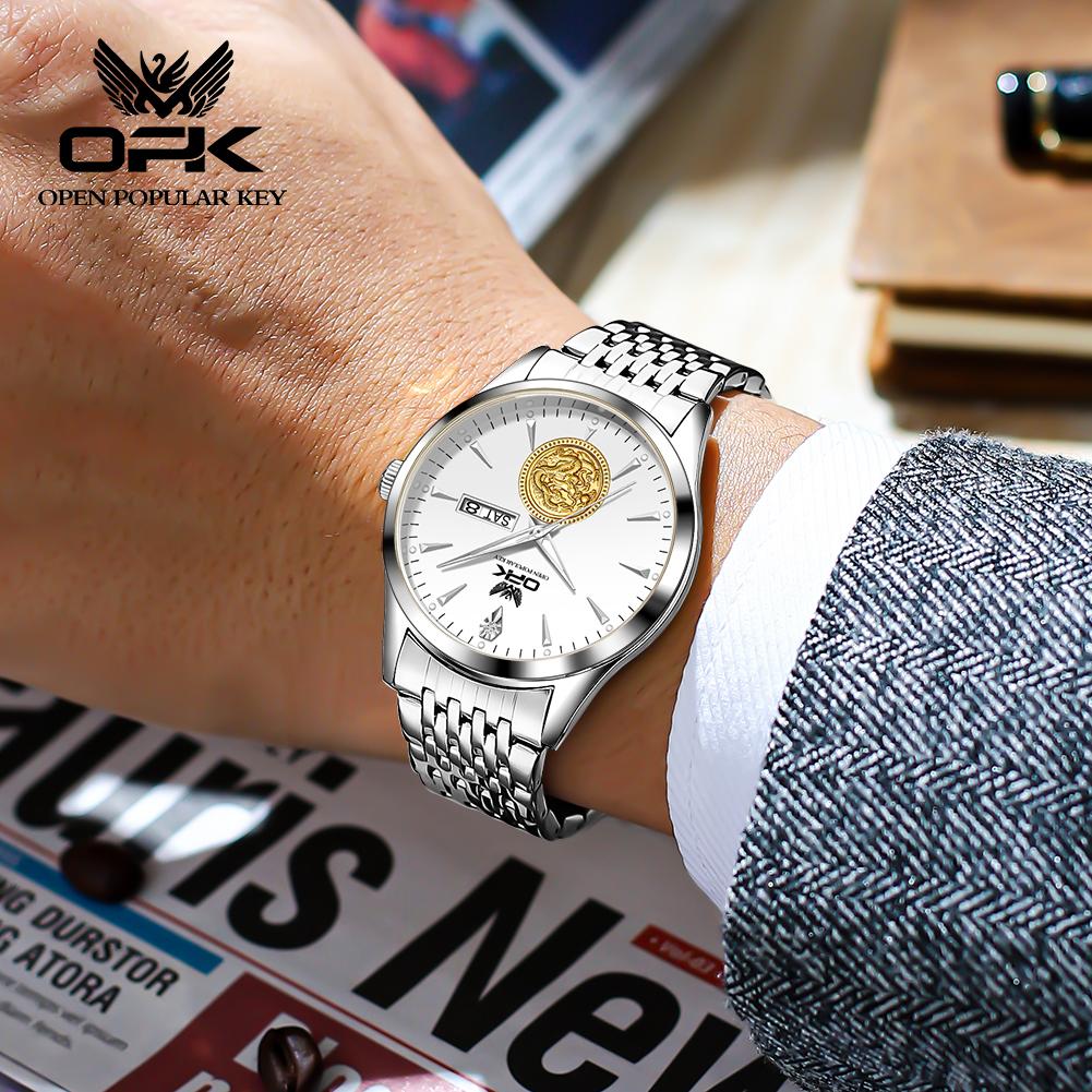 OPK 8150 Men's Dress Wristwatch Luxury Waterproof Luminous Dual Calendar Original Business Quartz Watch for Man