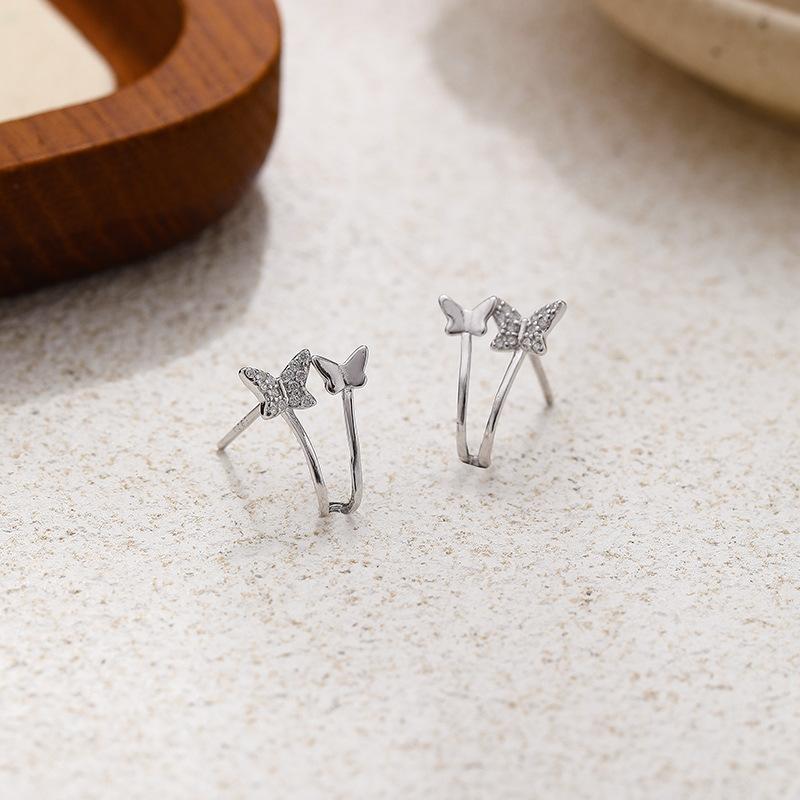 Two Butterfly Diamond Ear Clips Female Korean Temperament Small Fresh French Small Cute Earrings