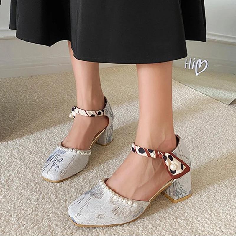 Fashion Beaded Bow Mary Janes High Heels Shoes Women Print Random Summer Sandals 2024 Lolita Dress Pumps Square Toe Femme Zapatillas