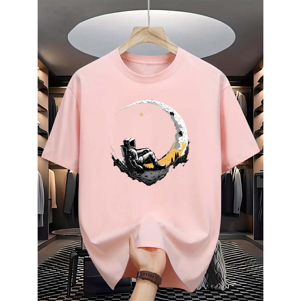 Summer Men s 100% Pure Cotton Casual Loose Fit Astronaut Login Moon Pattern Printed Comfortable Round Neck Short Sleeved T-shirt S