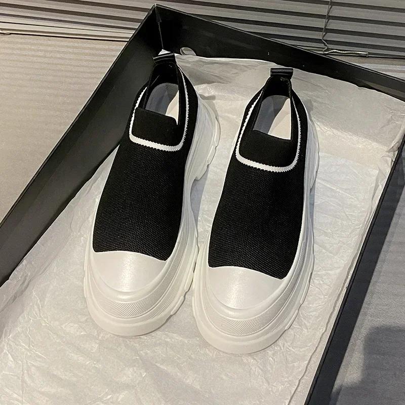 Thick Bottom Knitting Women's Vulcanize Shoes 2024 New Breathable Socks Shoes Casual Sneaker Slip on Tennis Non-slip Shoes Women