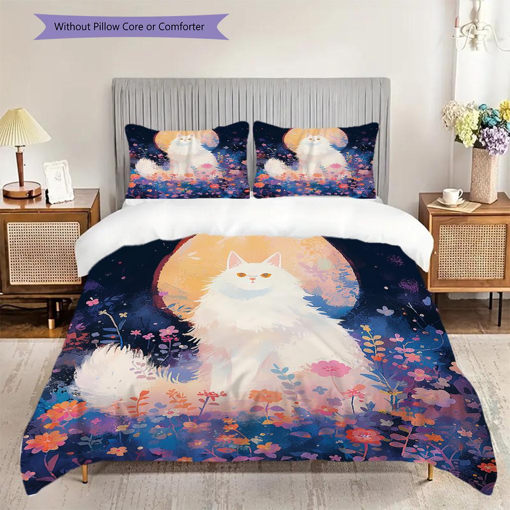 White Cat Pattern Bedding Quilt Set Quilt Cover Pillowcase Home Decoration Birthday Gift (1 * duvet cover + 2 * pillowcase, without core)
