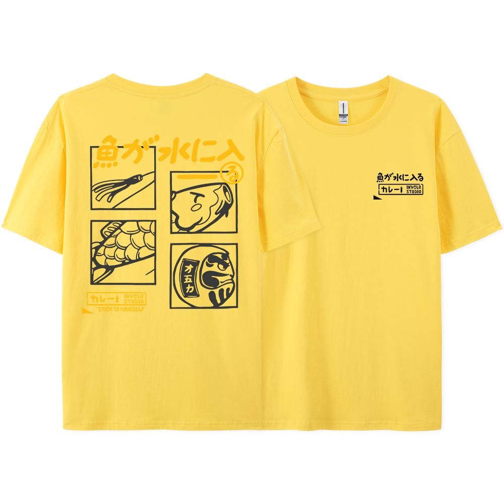 Summer Japanese Retro Fish Letter Printed Round Neck T-shirt for Men in Large Size Loose Couple Neutral Pure Cotton Short Sleeve