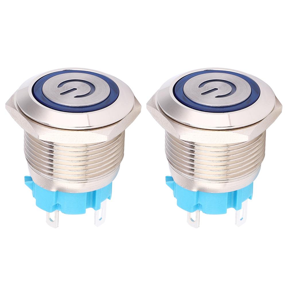 2pcs 12 24VDC 16mm Round 4PIN 1NO Push Button Switch Self Reset Switch with Light Power PatternBlue