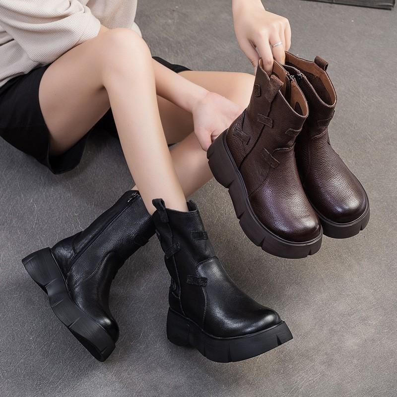 Johnature British Style Thick Soled Genuine Leather Mid-calf Boots Versatile Women's Flat Platform Shoes
