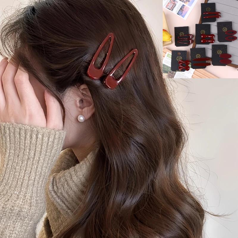 1Pairs New Year Festival Atmosphere Head Clip Wine Red Bow Bang Clip Duckbill Clip Sweet Retro High Quality Hair Accessories