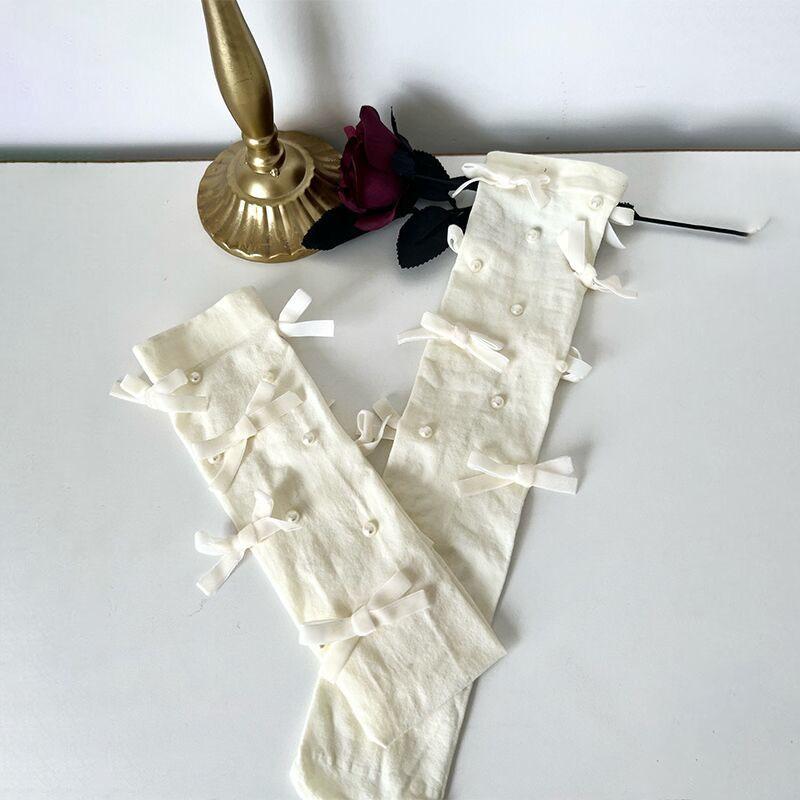 

Бархатные носки до икры с бантиком из жемчуга для женщин | Прозрачные белые и розовые носки до колена в стиле милой лолиты для элегантной девушки One size