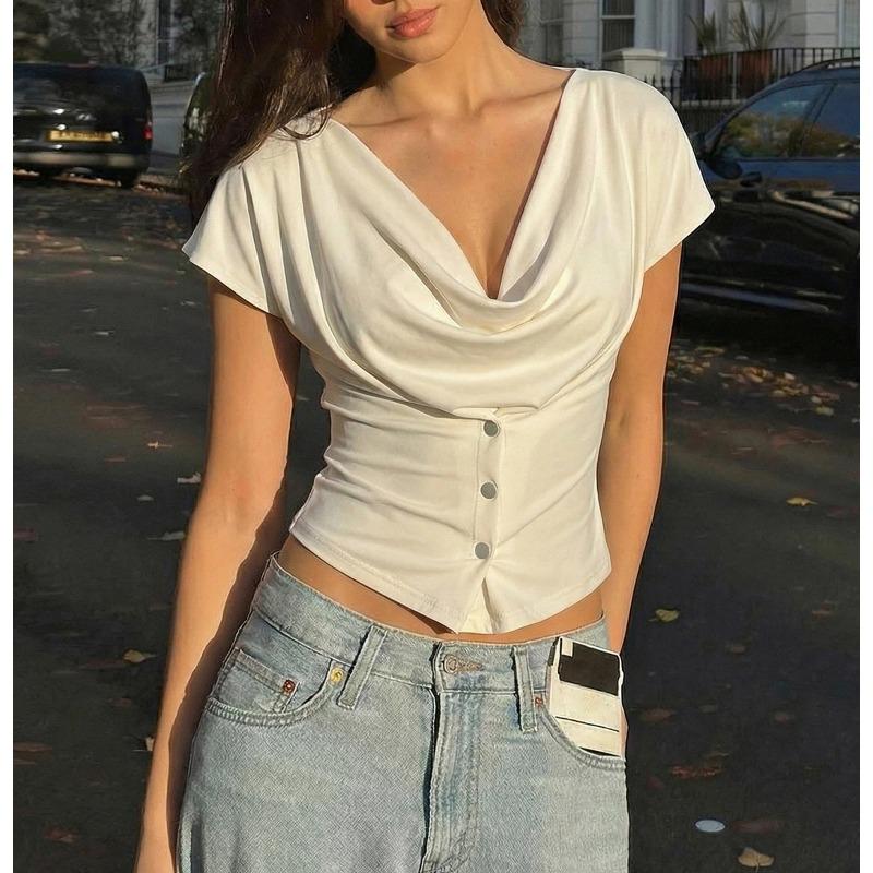 Women Summer Cowl Neck Short Sleeve Button Detail Slim Fit Solid Color Casual Blouse