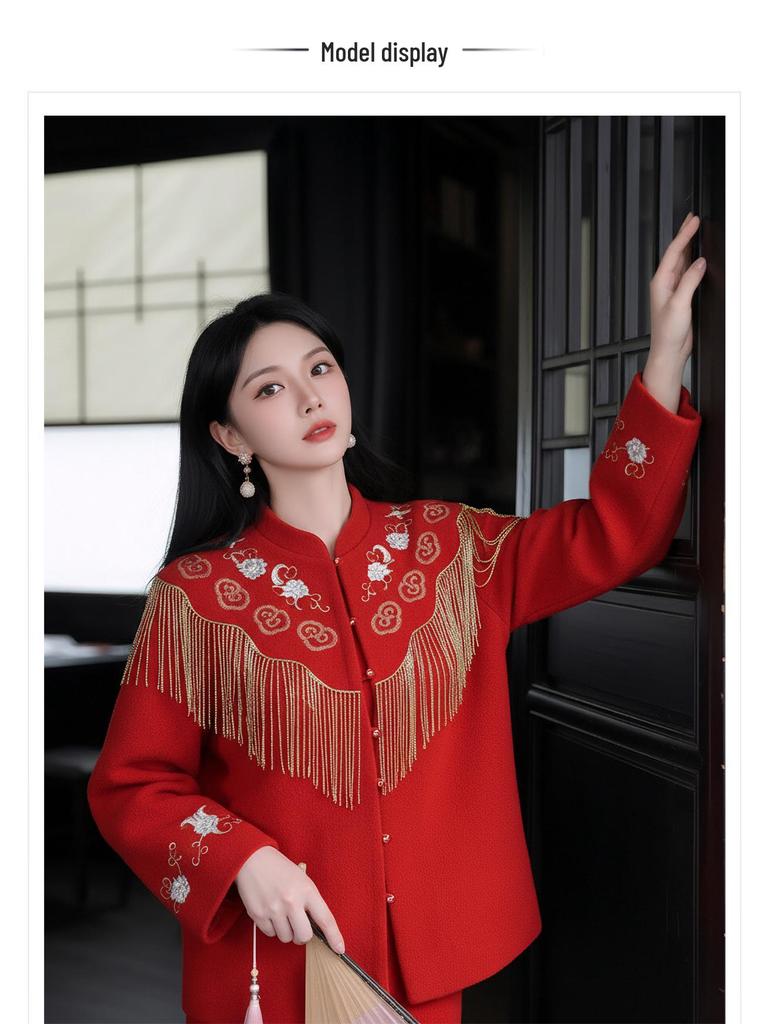Winter 2026 Red High-End Double-Sided Wool Coat and Skirt Suit for Women, Chinese Style - NY033.