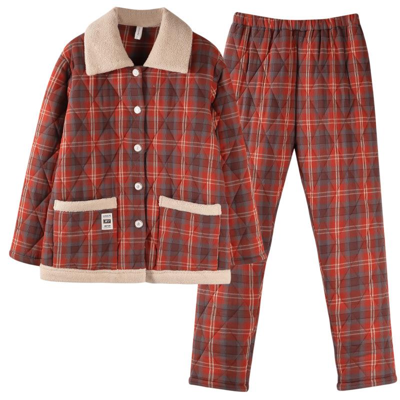 Pajamas Women'S Winter Three-Layer Thickened Fleece Woven Cotton Padded Coral Fleece Autumn And Winter Loungewear