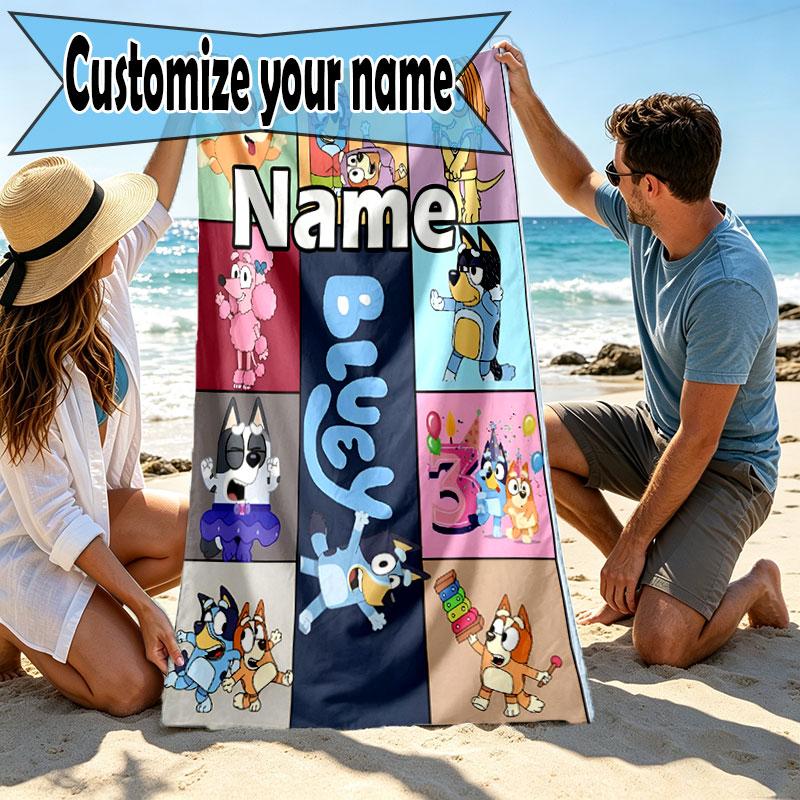 Custom Name Personalized Bluey Print Beach Towel, for Trip Camping Beach Party Home Decor, Birthday Gift for Family & Friends