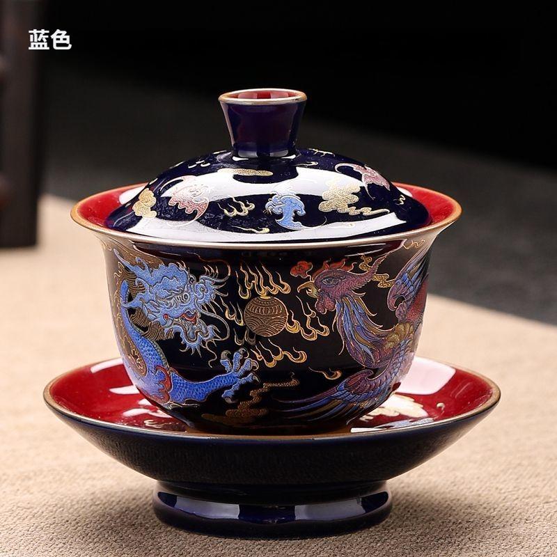 

150ml Enamel Color Gaiwan Ceramic Tea Bowl Porcelain Gaiwan Set Kung Fu Tea Set Red Dragon and Phoenix Pattern Large Cover Bowl 150ml синий