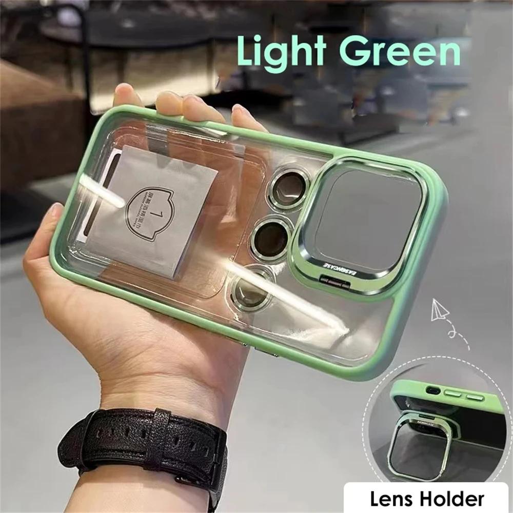 Transparent Shockproof Lens Protector Stand Case for iPhone 11-15, Camera Glass Protection, Metal Ring