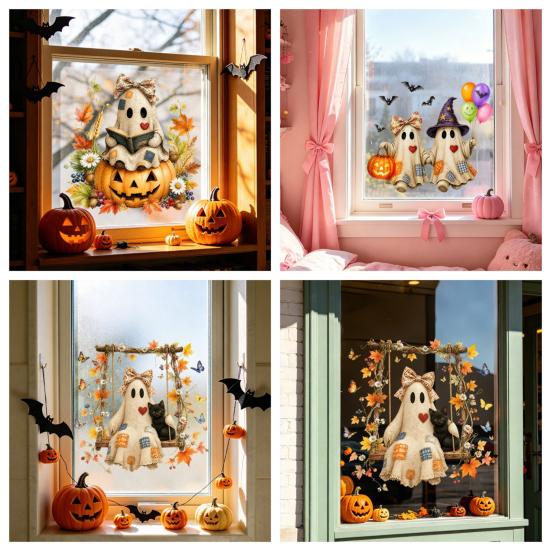 Halloween Window Cling Vintage Patch Ghost Static Clings, Thanksgiving Pumpkin Bow Maple Leaf Autumn Home Decoration Glass Stickers, Reusable