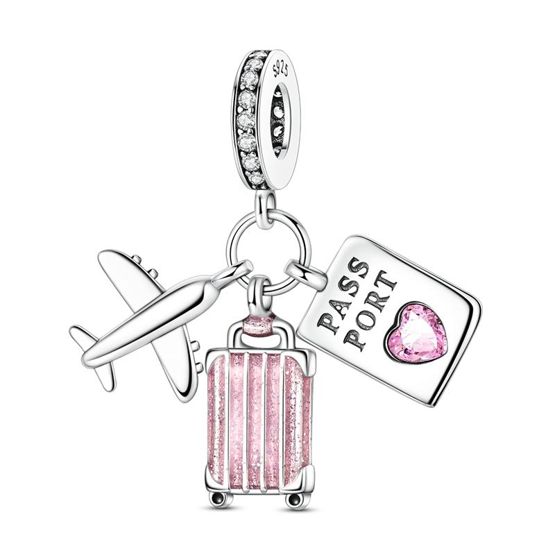 925 Sterling Copper Aircraft Travel Charms Bead Inlaid Pink Zirconium Love Heart Pendants Fit Original Bracelet Zircon Gift