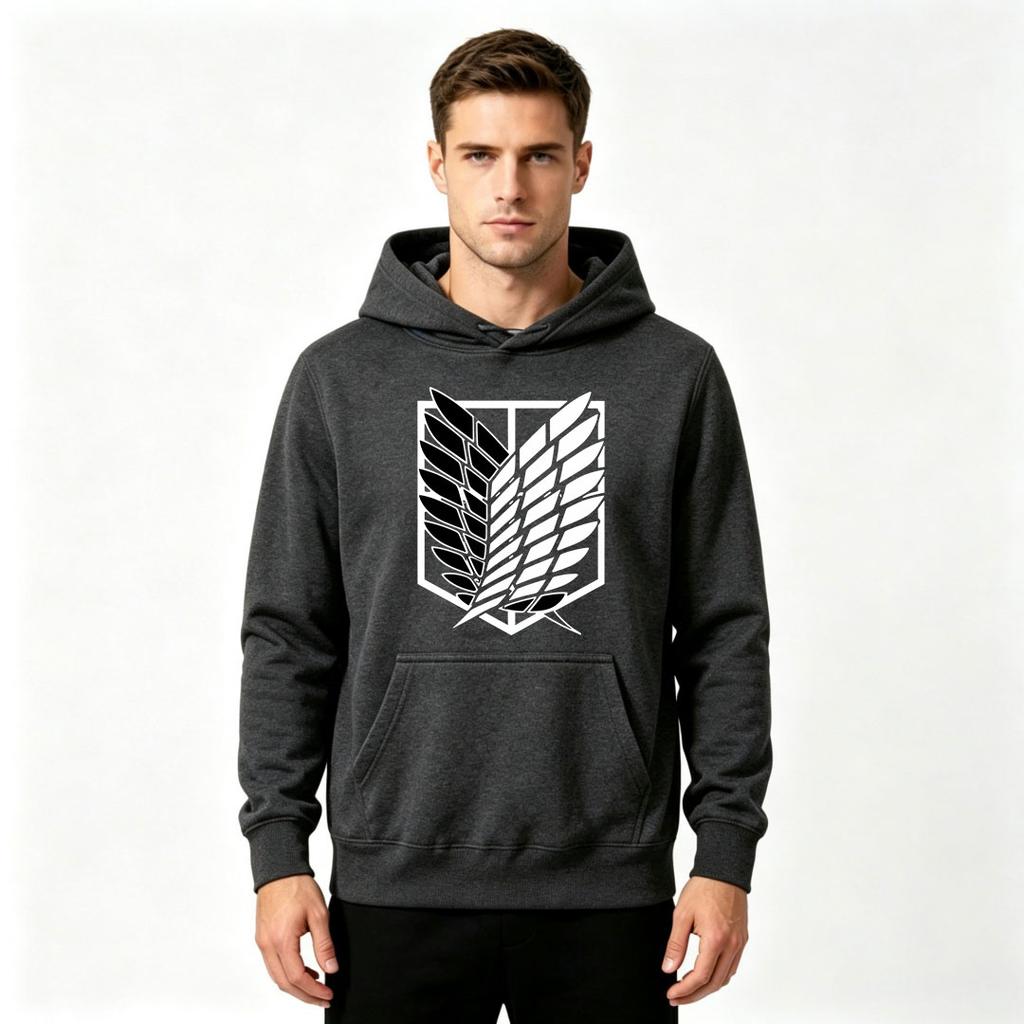 Adult Men Anime Attack on Titan Survey Corps Wings of Freedom Print Hoodie Long Sleeve Casual Pullover Hooded Sweatshirt Streetwear Daily Top