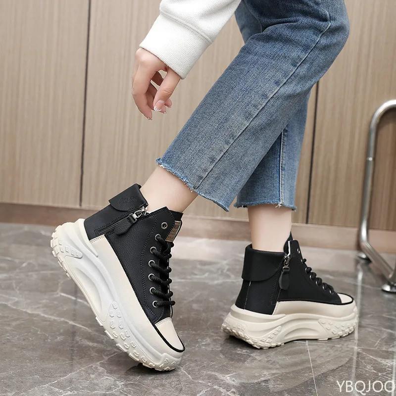 Fashionable versatile High top shoes women's autumn new round toe shoes thick soled height increasing casual comfortable flats
