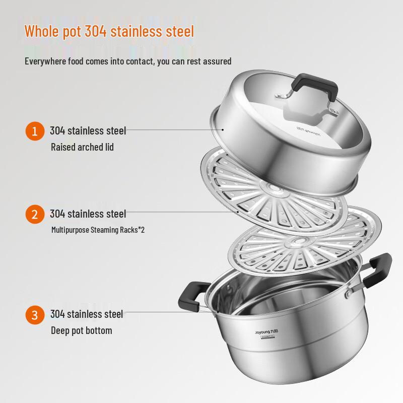Joyoung 304 Stainless Steel Double-Layer Steamer Pot with High Arch Lid, 28cm
