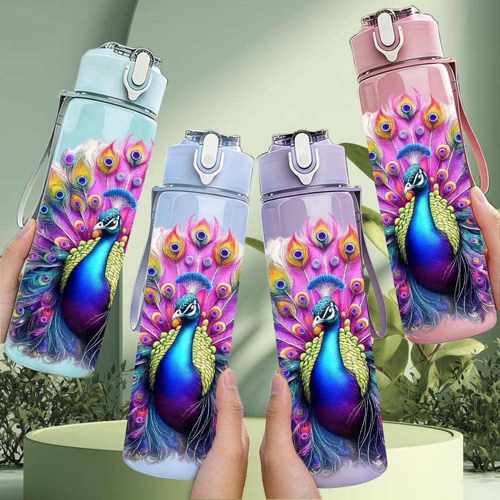 1PC Peacock Feather Colorful Art Print 750ml Color Plastic Sports Water Bottle Leakproof Flip Straw Lid Suitable for Sports Office Home Use
