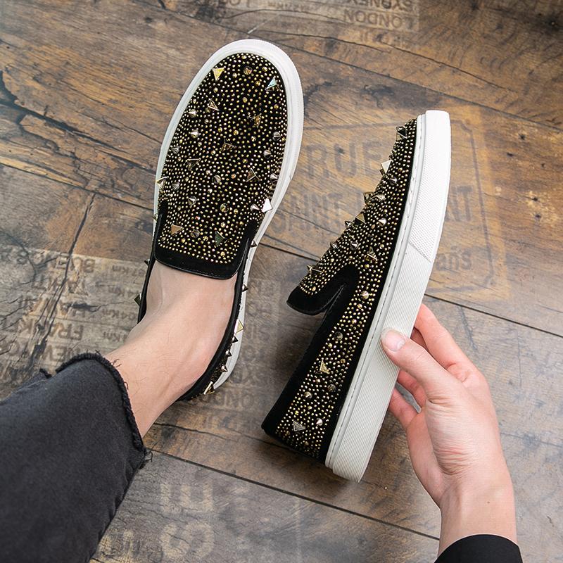 Fashion 2025 Men Tide Leather Casual Shoes Luxury Embroidery Twinkling Rhinestone Flat Shoes Leisure Sneakers Loafers Zapatillas Male