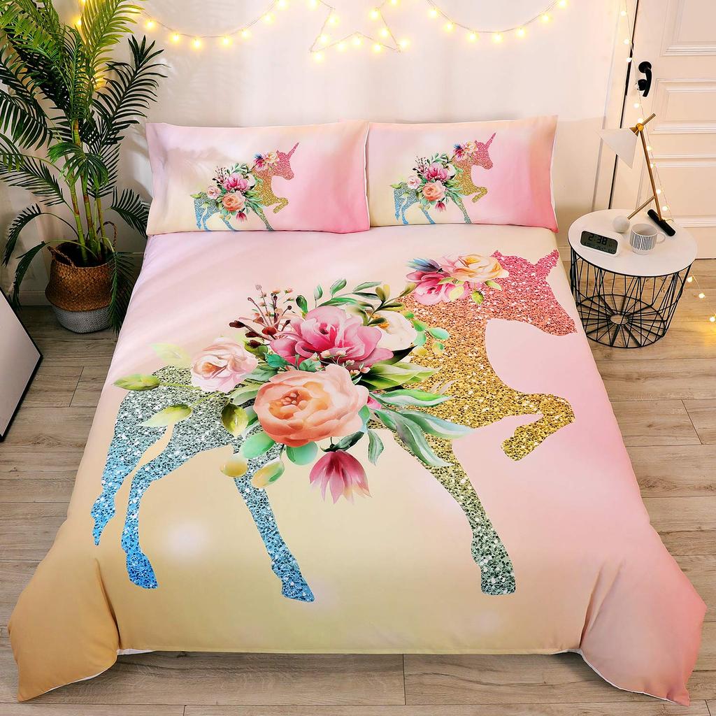 Unicorn Duvet Cover Set Purple Aqua Unicorn Bedding Set Full Size Rose Unicorn Flower Dreamy Cartoon Sparkle Lilac Bedspread