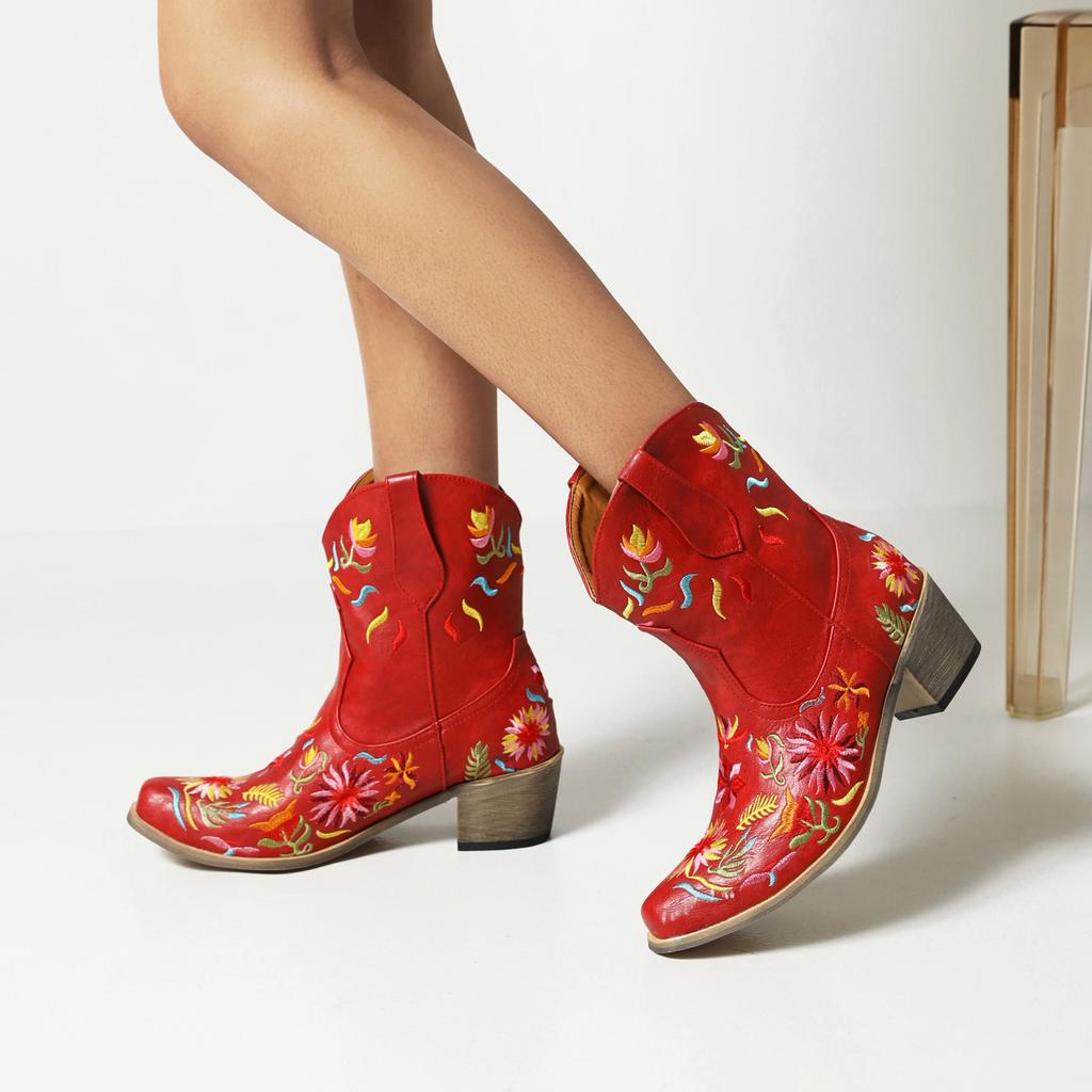 Women's Short Boots With Embroidered Flowers Pointed Toe And Thick Heels Oversized Western Boots With Plush Floral Inner Lining