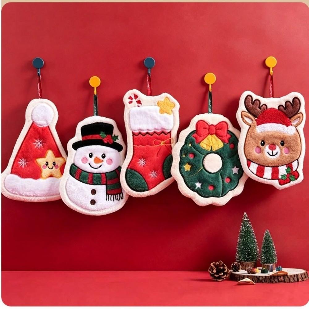 Absorbent Christmas Hand Towel Coral Fleece Kitchen Cleaning Rag Cute Xmas Handkerchief