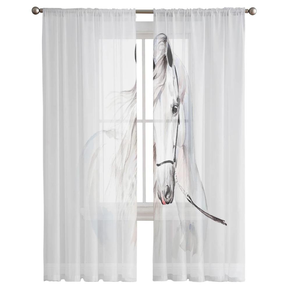 Animal Horse Watercolor Painting Tulle Curtains for Living Room Bedroom Decoration Chiffon Sheer Voile Kitchen Window Curtain