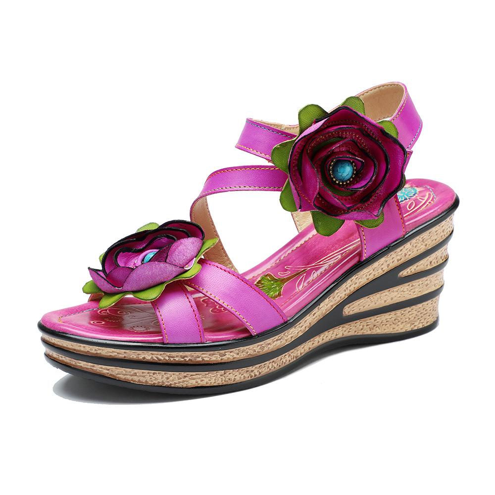 Johnature Vintage-Blumen-bequeme Sommer-Wedges-Sandalen aus echtem Leder, handgefertigt, ethnischer Stil, Damenschuhe