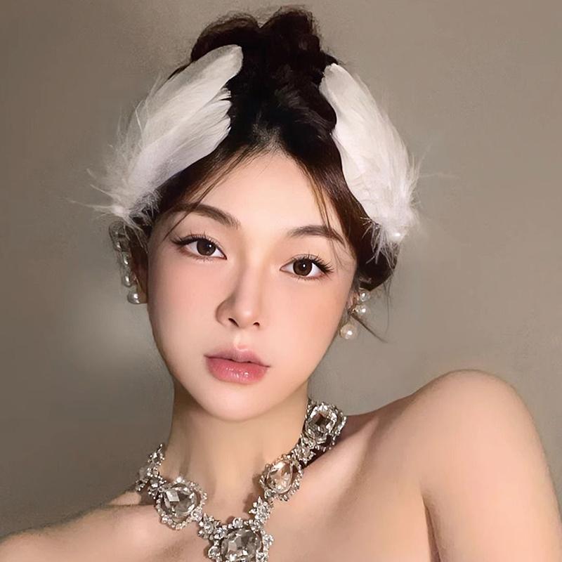 White Swan Feather Faux Pearl Hairpin Headwear Ballet Style Stage Performance Side Clip Girl Party Hair Accessories Gifts