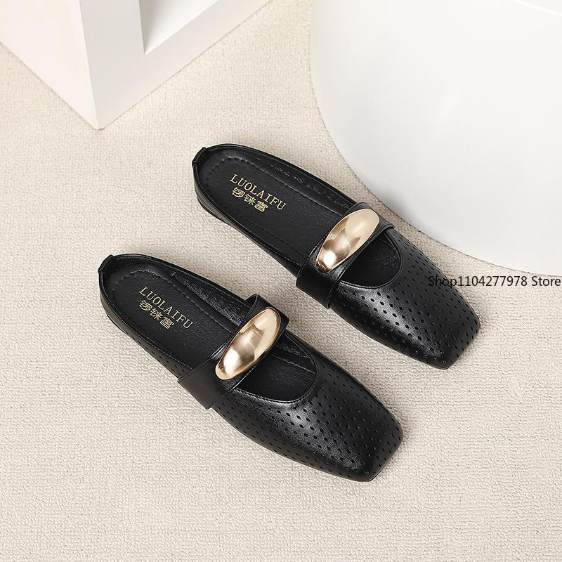 Fashion Spring New Flat Shoes 2025 Round Head Shallow Mouth Breathable Metal Buckle Soft Sole Non-slip Single Shoes Women's Hollow Mules