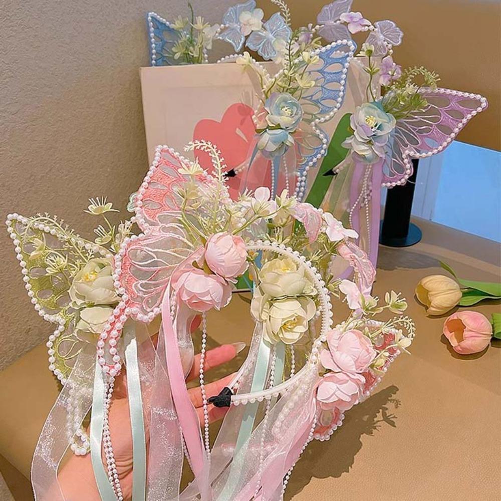Kawaii Big Butterfly Wing Hairpins Mesh Flower Headband Elegant Elf Ear Headband  Kids Gift