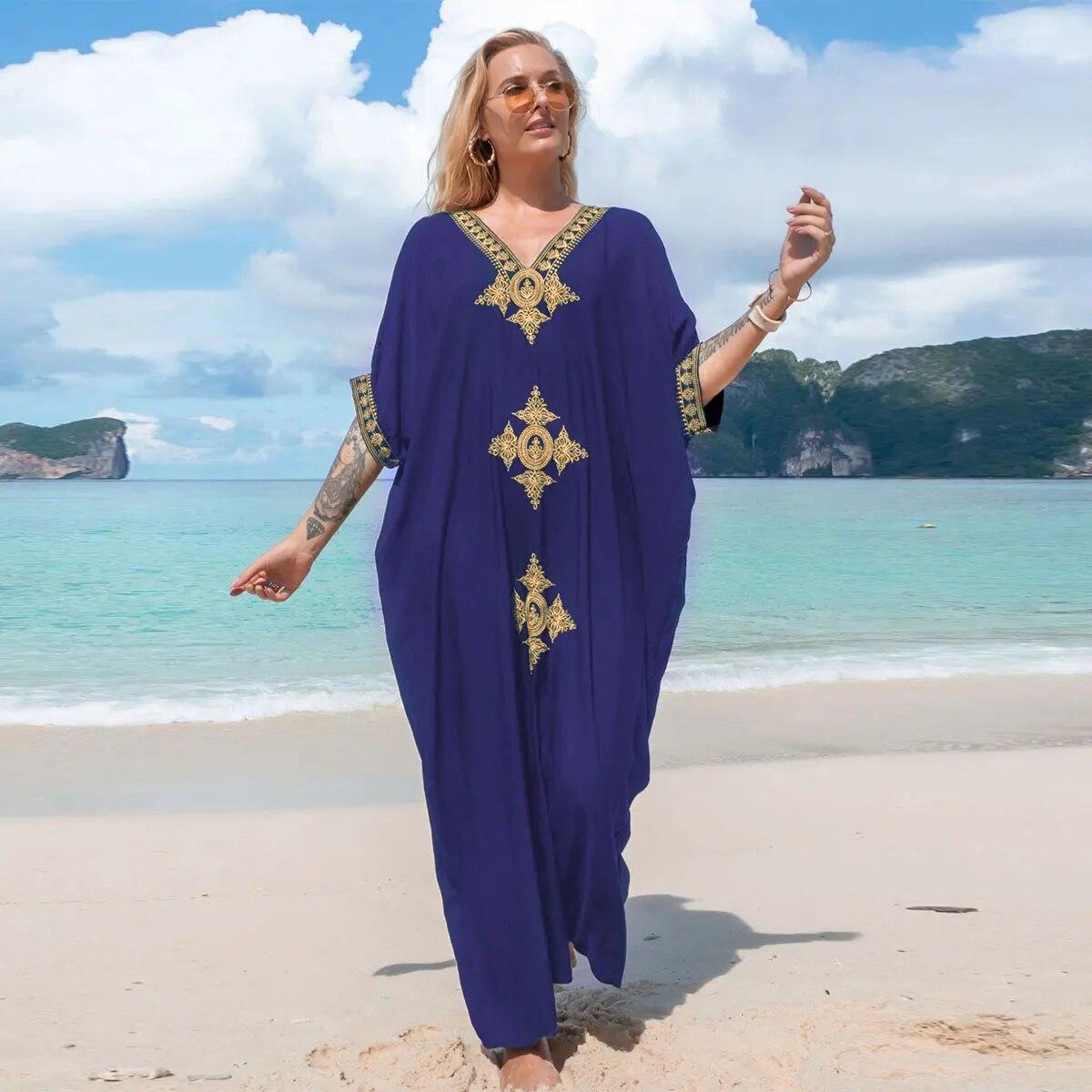 

Сексуальное платье-кафтан, женское пляжное платье больших размеров, 2023, богемное полосатое бикини с принтом тай-дай, длинная туника, купальный костюм, накидка One Size темно-синий