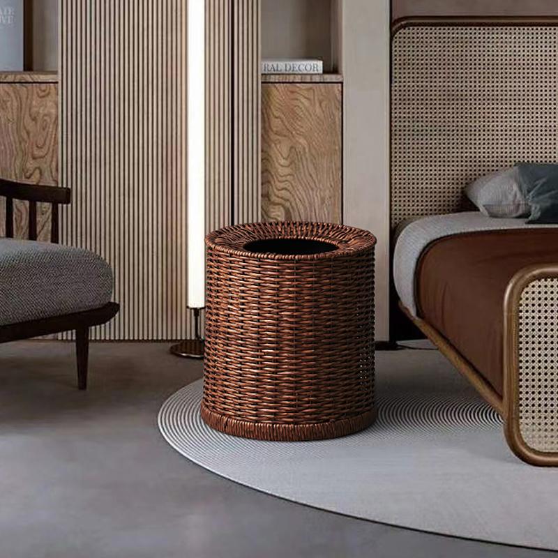 Retro Imitation Rattan Weaving Wastebasket Double Layer Large Capacity Recycle Bin Premium Feel Kitchen Living Room Trash Can