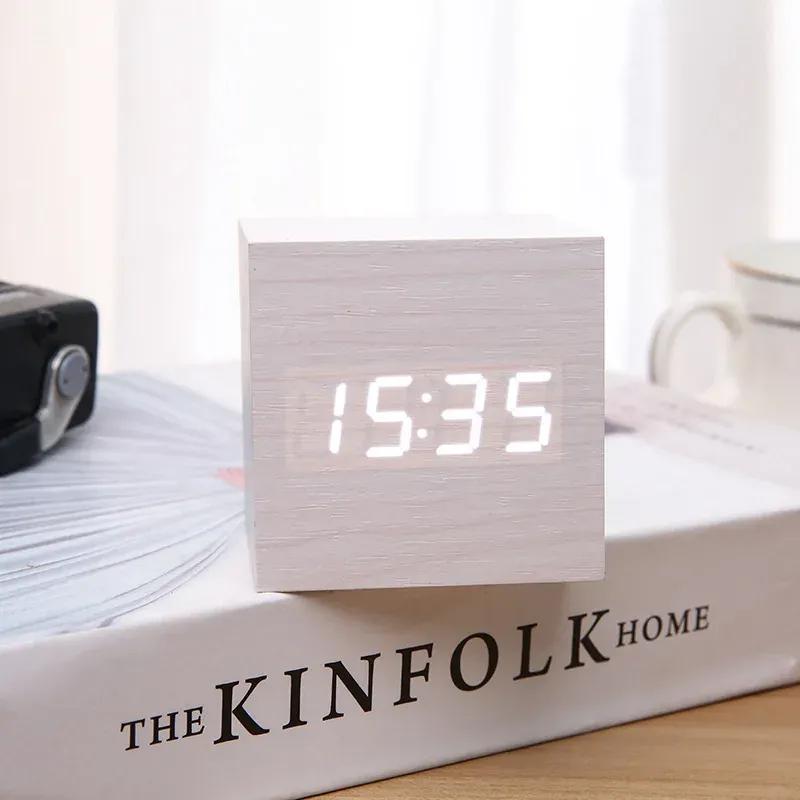 2024 Digital Alarm Clock Wooden Alarm Clock USB/Battery Powered, Mini Cube LED Digital Clock with Time/ Date/ Temperature Display