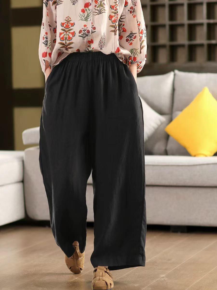 

Johnature Women Vintage Wide Leg Pants Solid Color Elastic Waist Trousers Summer Casual Loose Female Long Pants One Size