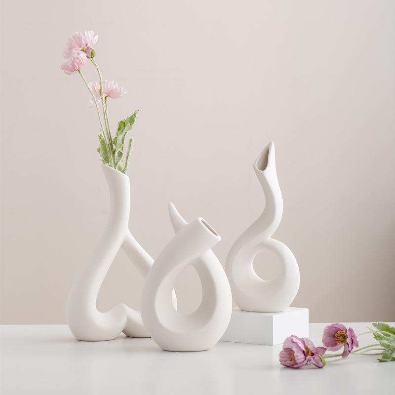 White Irregular Ceramic Openwork Vase – Modern Rustic Ornament for Living Room