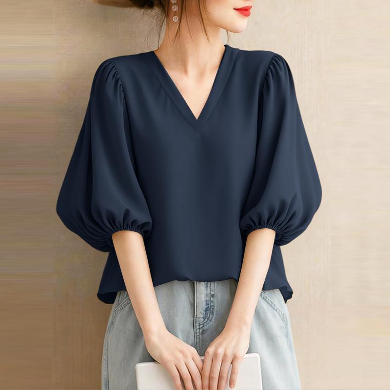 ZANZEA Women Casual V-Neck 3/4 Sleeve Loose Blouse