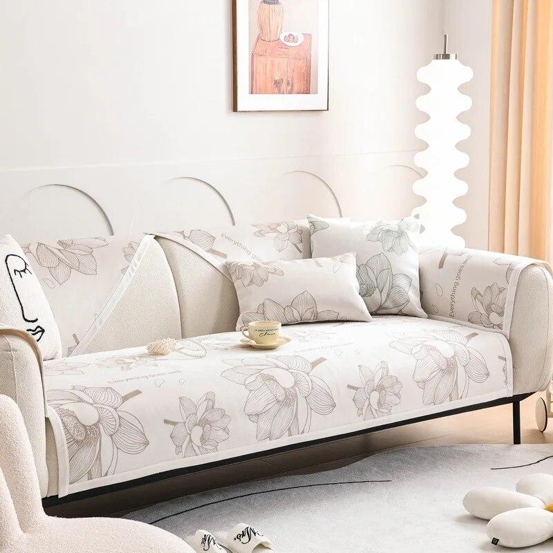 Summer Printed Ice Silk Sofa Cover Anti-slip Skin Friendly Living Room Sofa Cooler Cushion Sofa Cover Fabric Seat Cushion Cover
