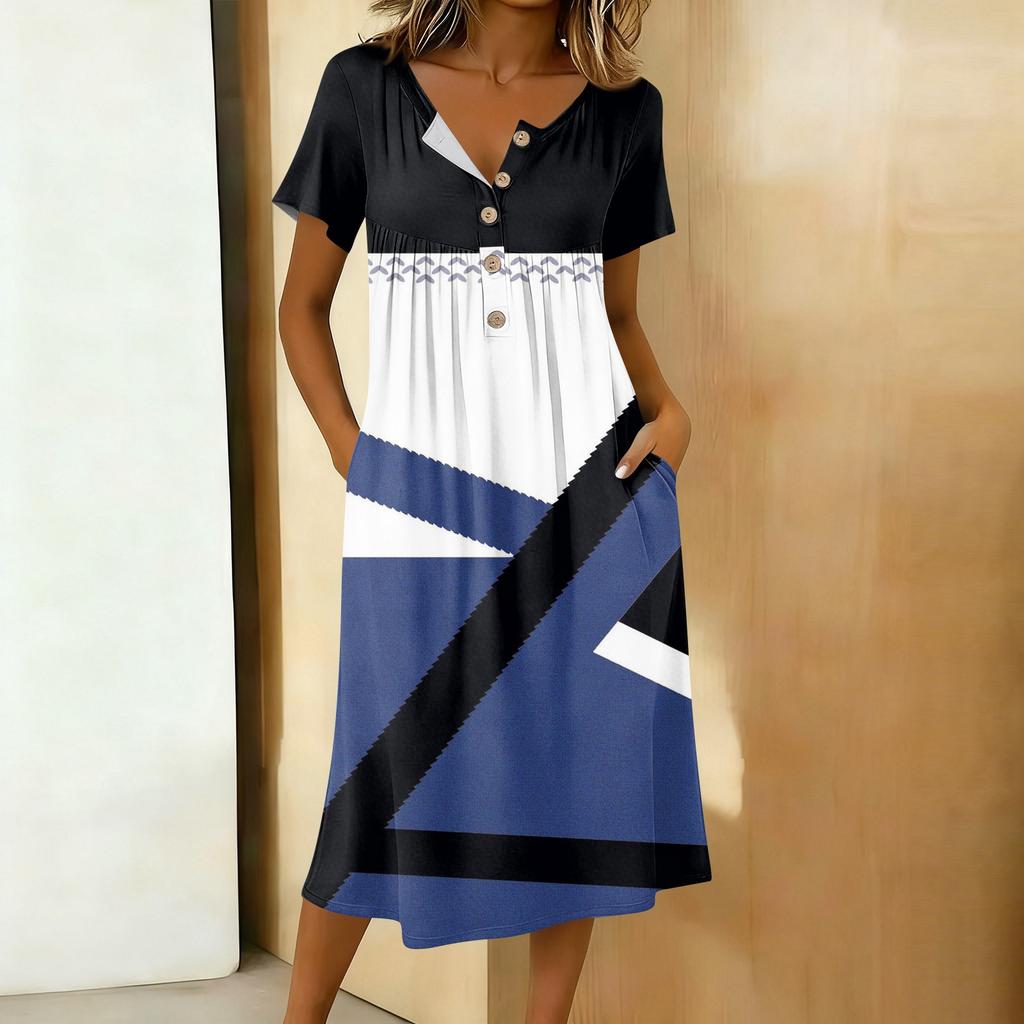 Women's Fashionable Retro Printed Round Neck Short Sleeved Button Neck Mid Length Casual Dress