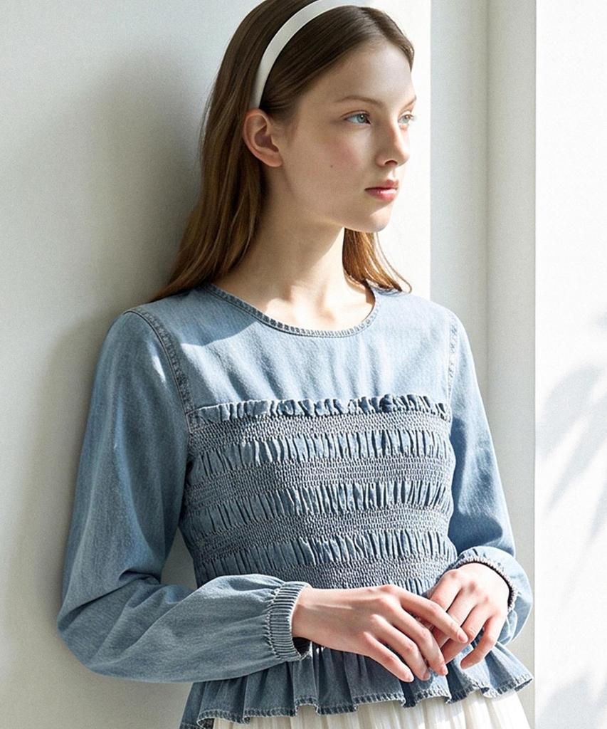 FOREVER21 Waist Shirred Frill Long Sleeve Blouse (Ftdcbl014)