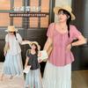 Large Size Women's Sweet Doll Shirt Summer New French Temperament Square Neck Bubble Sleeve Shirt 240361