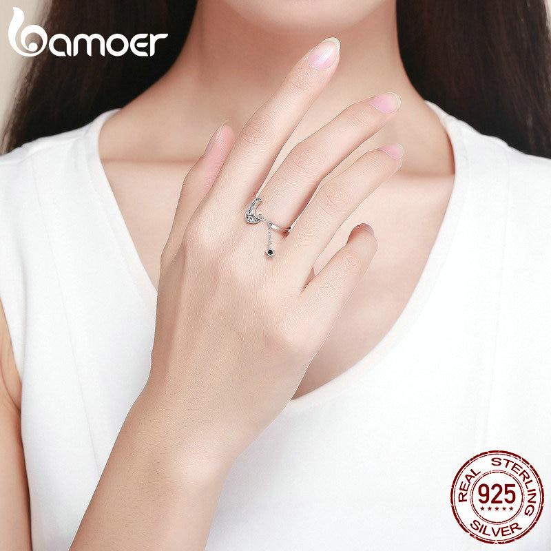 BAMOER Genuine 925 Sterling Silver Moon And Star Long Chain Star Adjustable Finger Ring