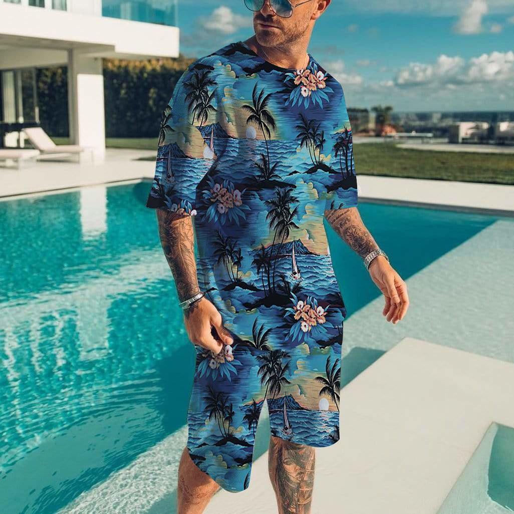 

Гавайский мужской комплект, повседневная футболка, пляжные брюки, костюм, повседневный стильный мужской топ с коротким рукавом, для отдыха на природе, мужские футболки, короткий комплект из двух предметов 3XL