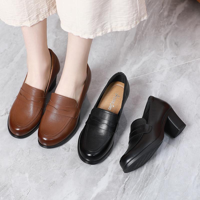 Fashion GKTINOO Pumps Women Genuine Cow Leather Round Toe Slip-On Loafers Med Heel Lady Shoes Handmade Women's Work Shoes