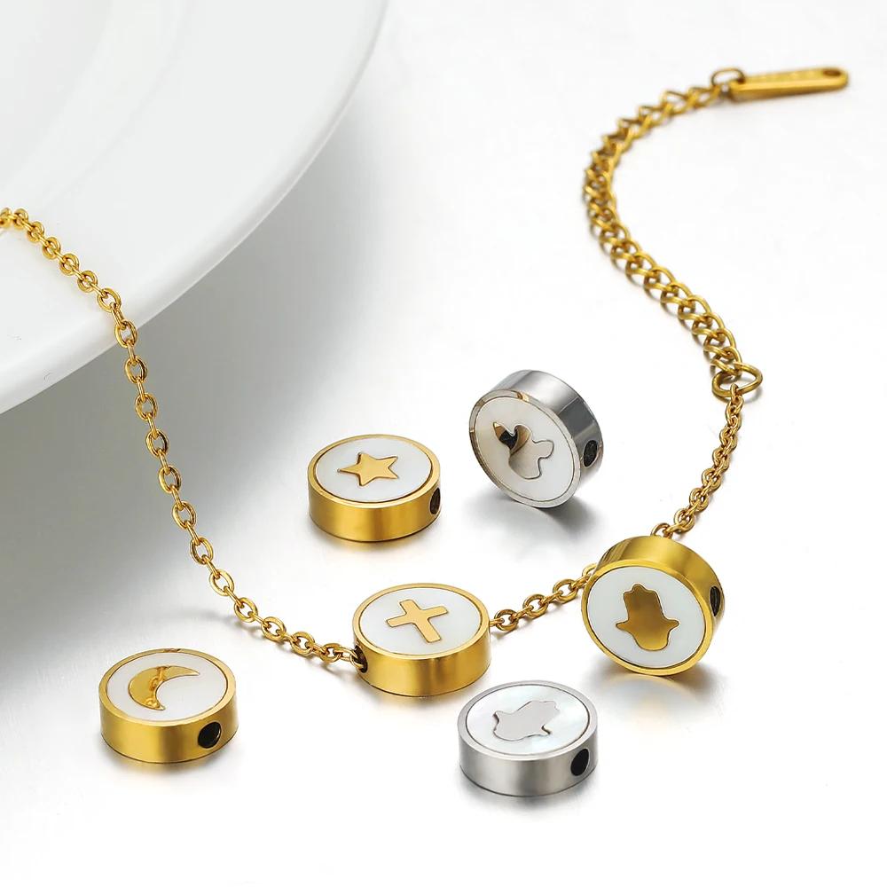 5Pcs Stainless Steel 9mm Round Gold Color Shell Crsoo Moon Charms Beads for DIY Women Necklace Jewelry Making Bracelet Supplies