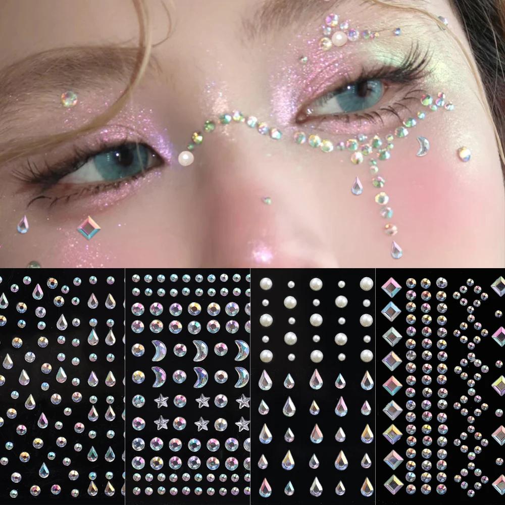 1/4pcs 3D Shiny Rhinestone Stickers Pearls Diamond Makeup Self Adhesive Drop-shaped Crystal Heart Tattoos Eye Face Decoration